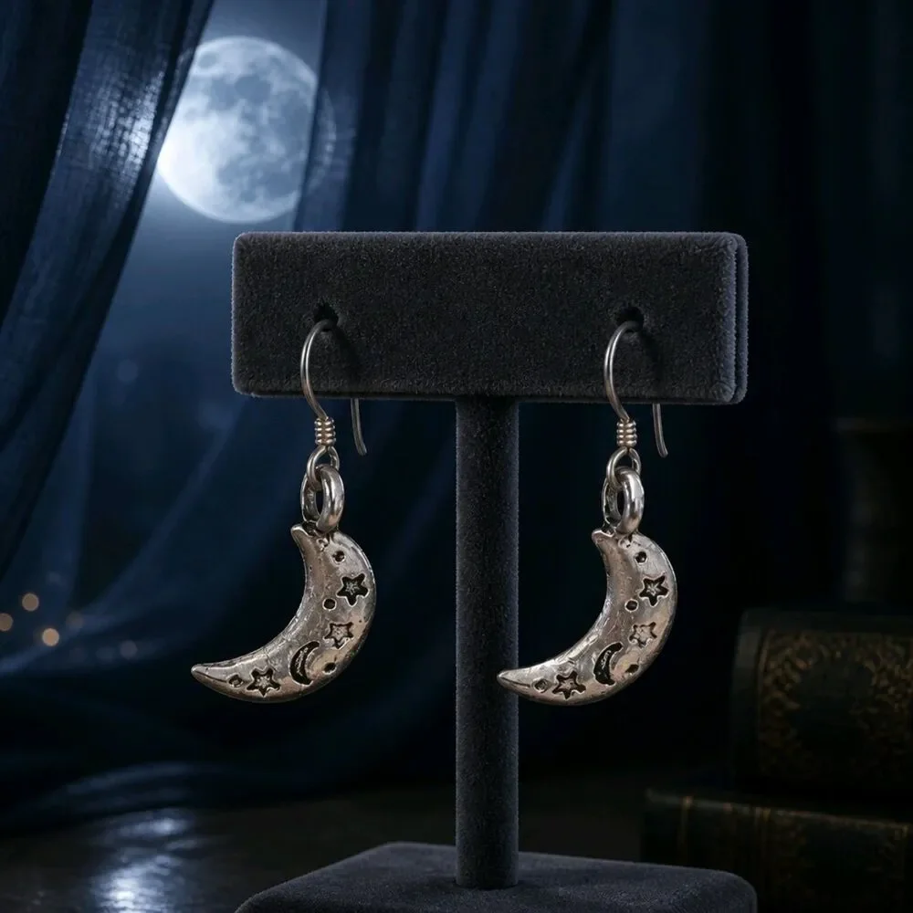 Handcrafted Silver Quarter Moon Stars Dangle Earrings